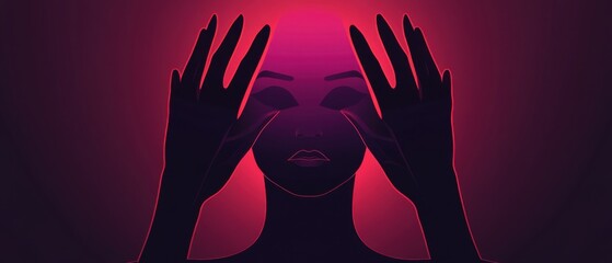 Silhouette of a mysterious woman with hands near her face in a dark room with red light Concept of mental health, anxiety, and depression