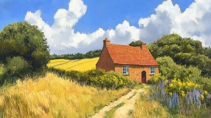 Rural Cottage, Sunny Field, Summer Day