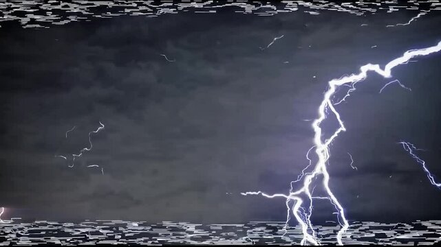 Dramatic lightning bolts slicing through dark, ominous storm clouds, revealing raw power of nature with intense electrical energy illuminating threatening sky