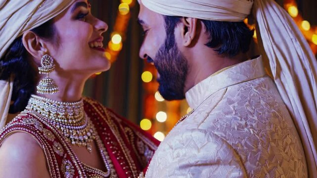 Beautiful indian bride and groom, wearing traditional wedding attire, share intimate and joyful moments together during their wedding reception, surrounded by warm, festive lighting and decorations