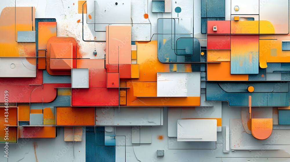 Poster Dynamic abstract art featuring layered geometric shapes in vibrant colors. Textured surfaces and sharp lines create depth and visual interest. A modern, eye-catching Abstract Medical Background.