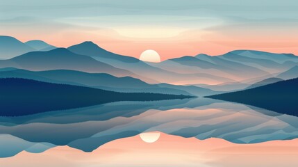 Obraz premium Abstract mountain landscape with layered hills, sunset, and mirrored lake reflection. Soft gradient tones and minimal shapes create calm, atmospheric digital artwork