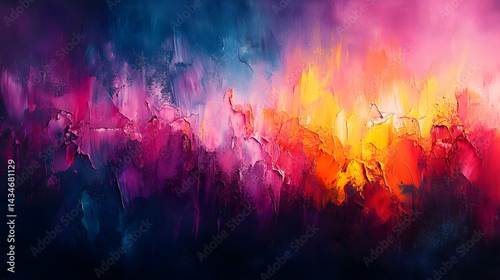 Poster a captivating abstract painting bursting with vibrant colors. deep purples blend into blues and warm