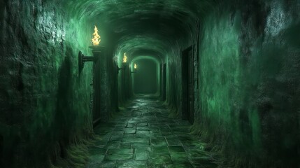 Mysterious Green Tunnel with Ancient Torches and Stone Pathway Ideal for Fantasy Adventure a