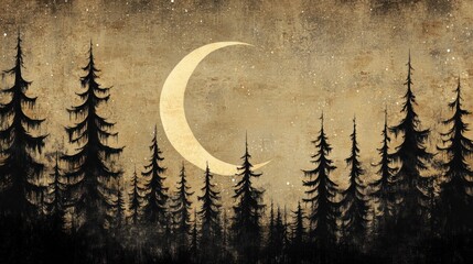 Obraz premium Night moon forest silhouette, grunge texture