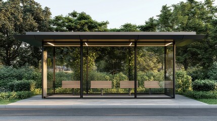 Fototapeta premium Modern bus stop, park, waiting, serene