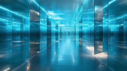 Infinite Blue Reflections A Futuristic Mirror Tunnel with Vibrant Lighting and Endless Depth