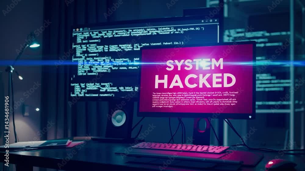 Wall mural computer screen displaying a system hacked alert message with code running in the background, sugges