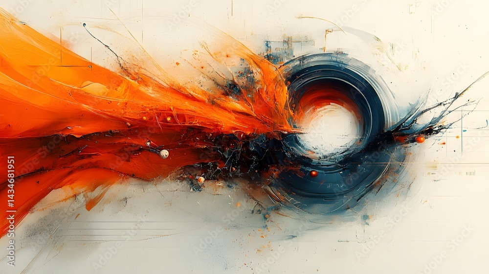 Poster dynamic abstract art featuring fiery oranges and reds contrasting with cool blues and grays. a visua