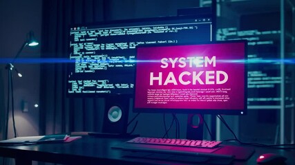 Computer screen displaying a system hacked alert message with code running in the background, suggesting a cyber security breach in an office environment at night - Powered by Adobe