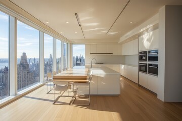 Obraz premium A minimalist beige and white kitchen interior featuring a dining table, chairs, microwave, oven, sink, and various kitchen appliances.