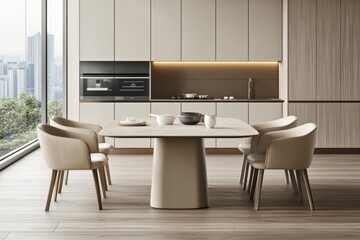 A modern beige and white kitchen interior featuring a dining table, chairs, bowls, cups, vase, and a microwave.