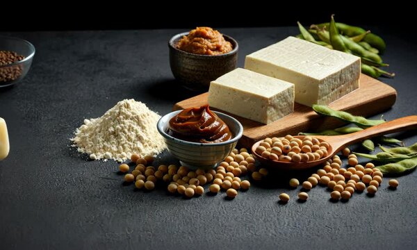 Various soy products including tofu, miso, soybeans, and flour displayed on dark background