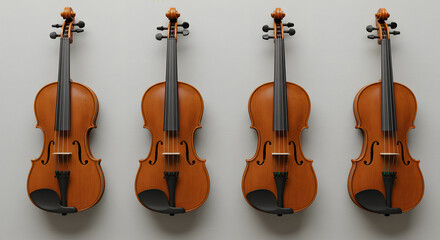 Naklejka premium Four identical violins are lined up side by side on a plain, light grey wall