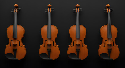 Fototapeta premium Four identical violins are lined up side by side on a plain, light black wall