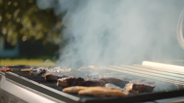 Close-Up of BBQ Grill Lid Being Lifted Revealing Hot Meats on 4K Camera with Smoke Rising in Natural Light
