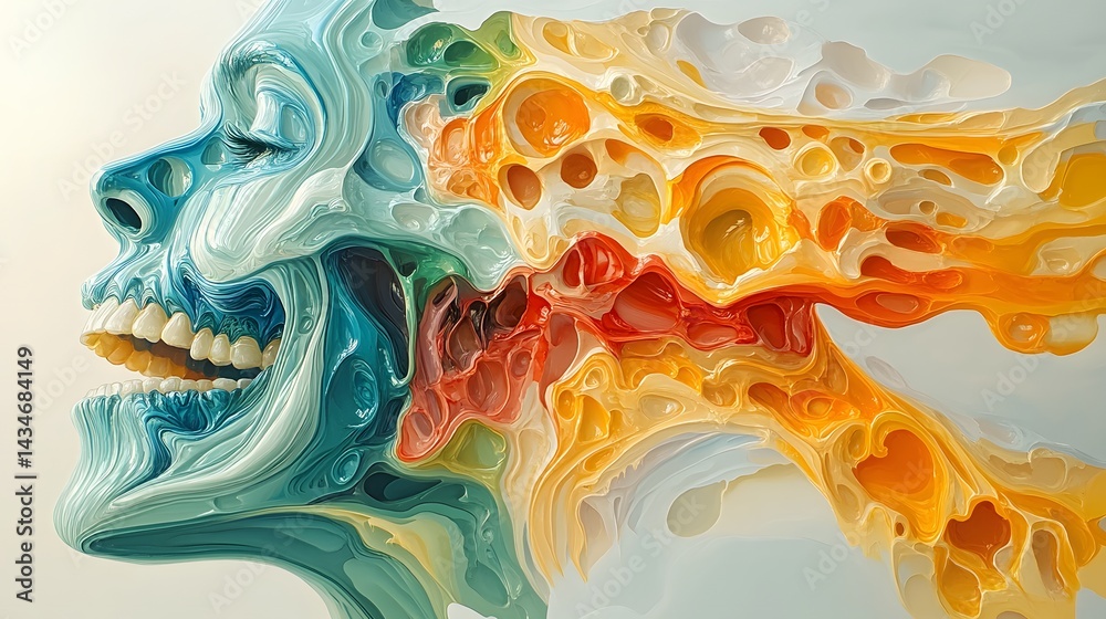 Poster abstract human face profile art showcases vibrant, flowing colors and shapes. intricate textures sug