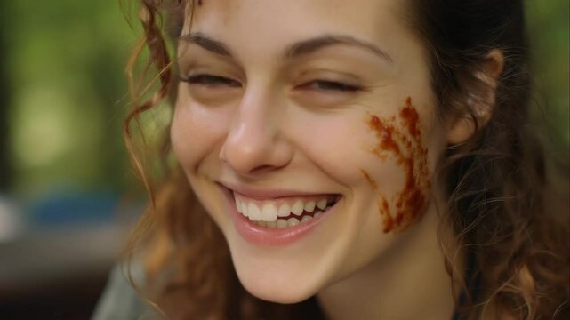 Candid close-up of a smiling person with BBQ sauce smeared on their cheek in a natural outdoor setting