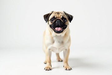Obraz premium Playful pug, standing, looking at camera, white backdrop, expression, pug, canine portrait