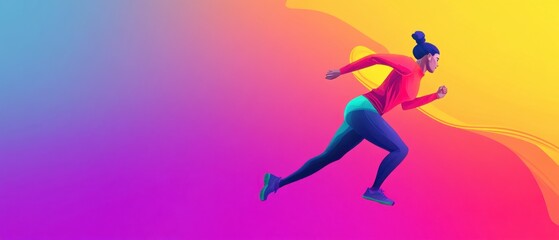 Determined African American woman running with vibrant gradient background Concept of fitness, speed, and healthy lifestyle
