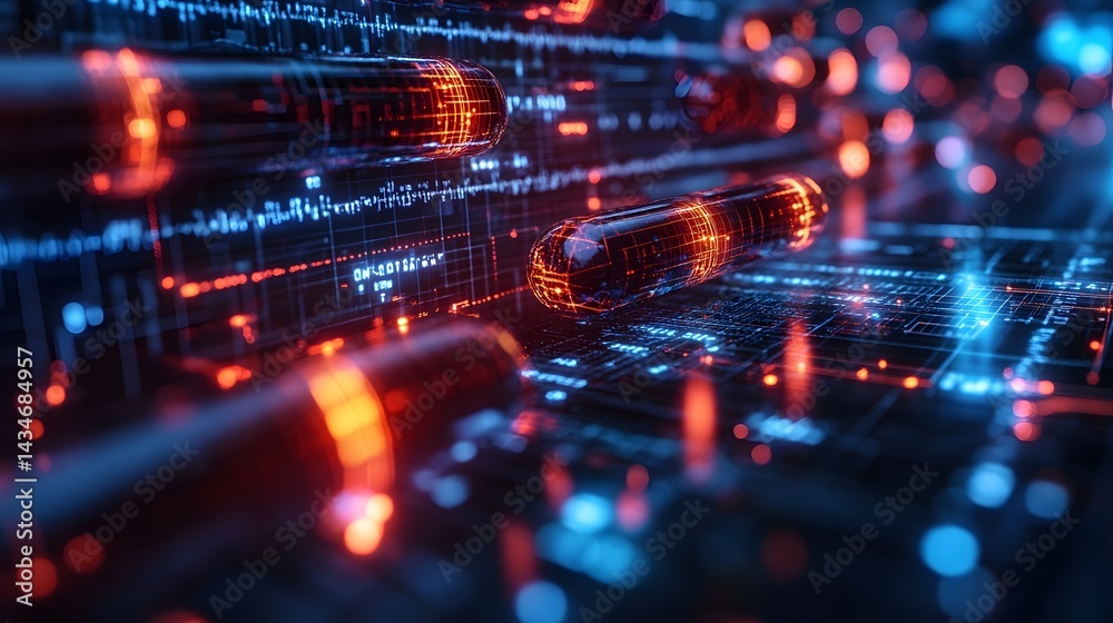 Poster futuristic technology bursts from a circuit board, showcasing glowing capsules and abstract data. id