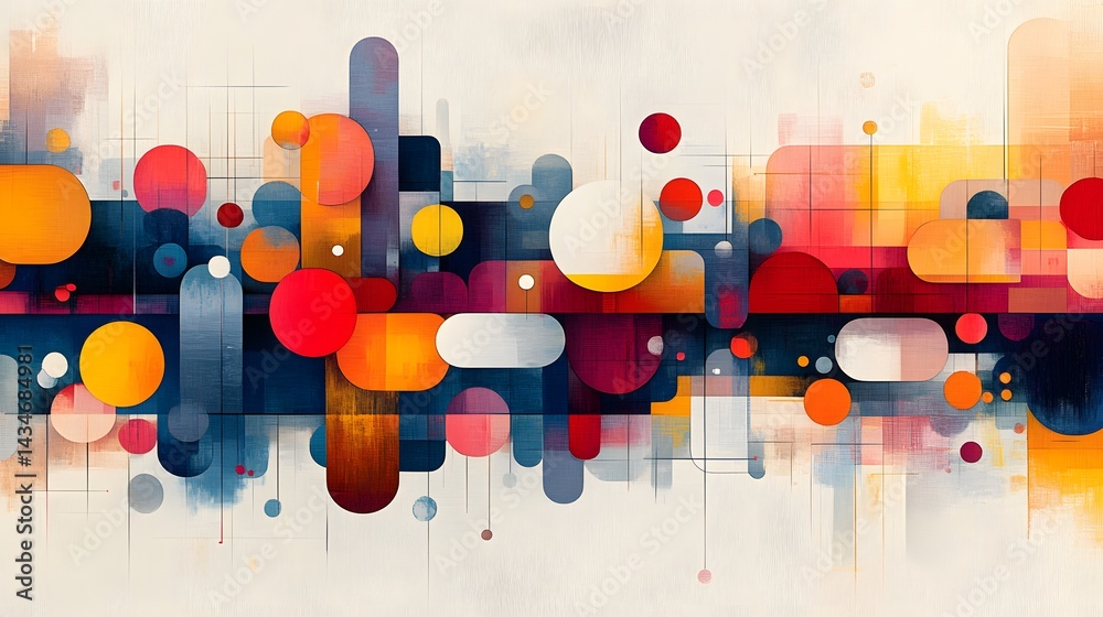 Poster Vibrant geometric abstraction with overlapping shapes in red, orange, yellow, blue, and white against a textured backdrop. Grid lines add depth. Dynamic and modern design. Abstract Medical Pain.