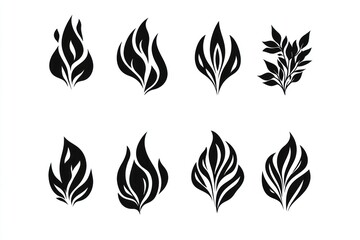 Eight stylized flame and leaf designs; white background; logo design