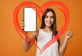 excited woman holding smartphone with blank white screen, heart overlay
