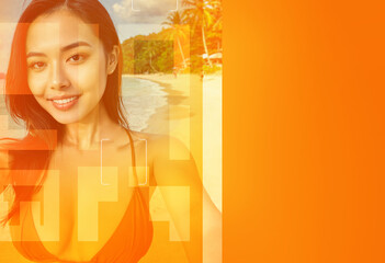 tropical beach day, young woman asian wears bikini, abstract creative shapes fictional overlay