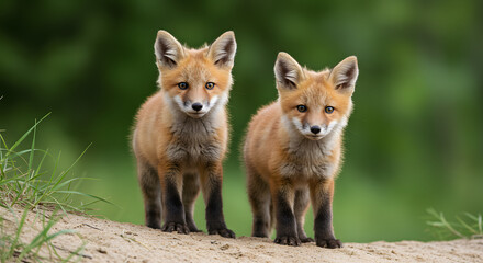 Fototapeta premium Two adorable red fox kits, with their reddish brown fur and white underbellies, stand on a sandy hill with blur background