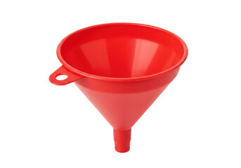 Red plastic funnel with handle isolated on transparent background