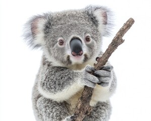 Naklejka premium Cute koala holding a branch, showcasing its fluffy fur and curious expression