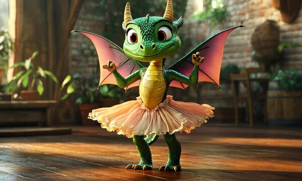 A whimsical dragon character in a tutu dances joyfully in a cozy, plant-filled room