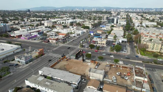 LOS ANGELES - 2.5.2025 - Good aerial footage of a busy intersection in Culver City.