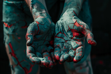 Obraz premium Cracked hands reach out, revealing vibrant red beneath a cracked, blue-grey surface, evoking fragility and vulnerability in artistic display.