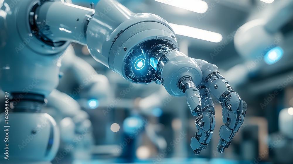 Leinwandbilder futuristic robotic arm reaches out with chrome precision, lit by cool blue. hints of automation sugg