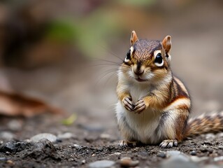 Adorable Chipmunk: Close-up Portrait, Natural Setting, Soft Focus