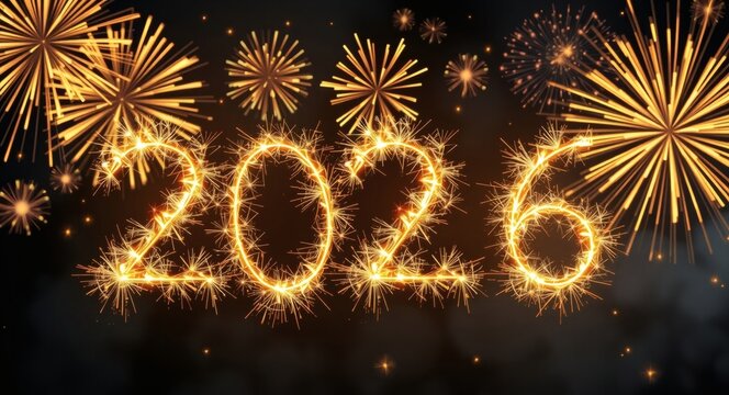 happy new year, new year's eve, silvester, new year, celebration greeting card, new year card - Year 2026 in sparkler font and firework fireworks pyrotechnic, isolated on black night sky background