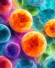 colorful micrograph-style view of stem cells dividing, surreal biological pattern with high saturation and glow effects
