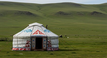 Yurt Dwelling on Grassy Landscape with Rolling Hills