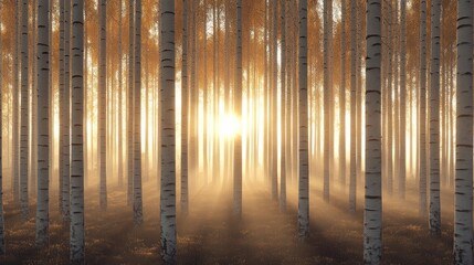 Obraz premium Serene autumn forest with sun rays filtering through birch trees at dawn