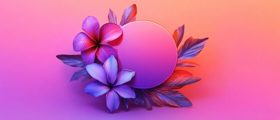 Obraz premium Vibrant floral frame with plumeria flowers and leaves in shades of pink and purple, perfect for spring and summer designs