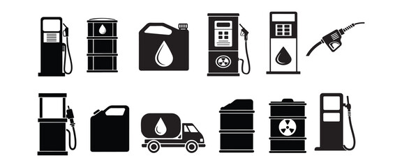 Fuel Icons Set of Minimalist Black & White Gas Station and Petroleum Vector Symbols