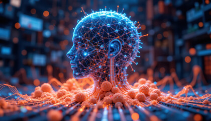 futuristic digital representation of human head with glowing neural connections and abstract particles, symbolizing technology