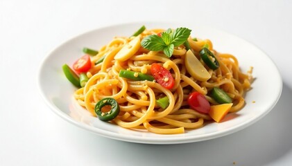 Stir-fried noodles with vegetables, white backdrop, china, appetizer