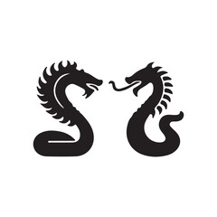 Fototapeta premium Minimalist Dragon Icon - Black Silhouette of Two Mythical Dragons Facing Each Other