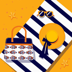 Beach accessories: towel, bag, hat, sunglasses on a yellow sand background, top view flat design. Ideal for summer concepts, posters, cards, beach holiday advertising and travel-related design