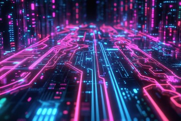 Fototapeta premium Neon circuit pathways illuminate a futuristic cityscape.