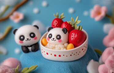 A cute, small panda figure is next to a bowl containing another panda figure, rice, and ripe strawberries. Pink floral elements and hints of spring season are in the background.