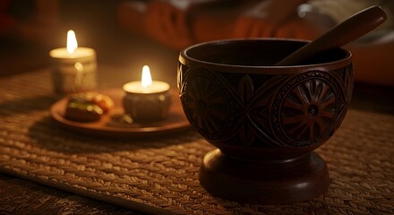 Carved Wooden Bowl with Candles Creating a Warm Atmosphere